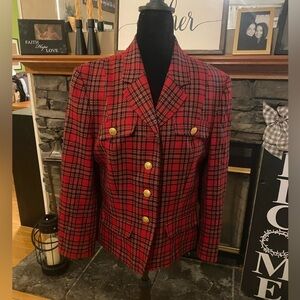 VTG Pendleton Red Tartan Plaid Wool Blazer with Gold Buttons 12